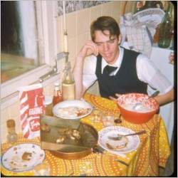 Elder Nielsen eating Elder Larsen's first prepared meal in Pau